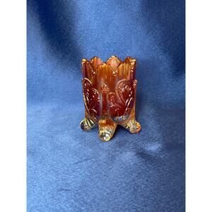 Vintage Carnival Glass Marigold Fan and Feather Footed Toothpick Holder